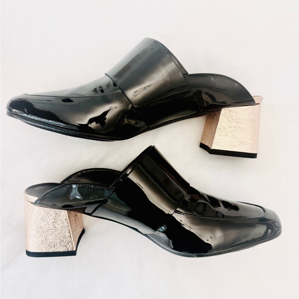 ASKA Italy Patent Black Leather Low Block Heel Mules EU 38.5